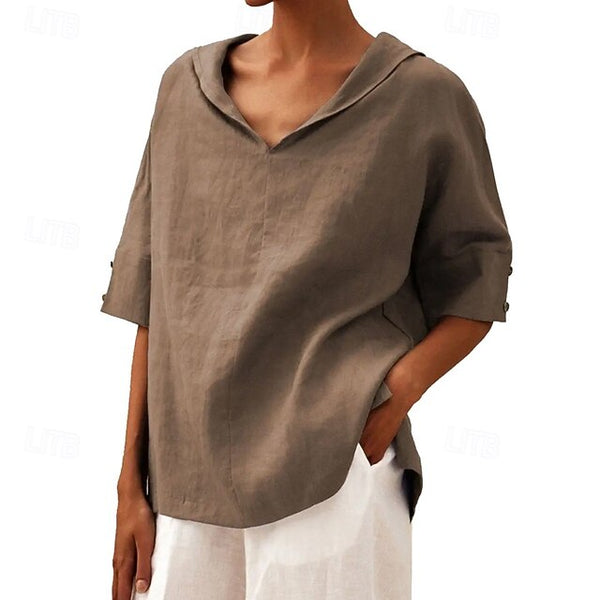 Women's Linen Blend Blouse Plain Modern Casual Short Sleeve FashionChic