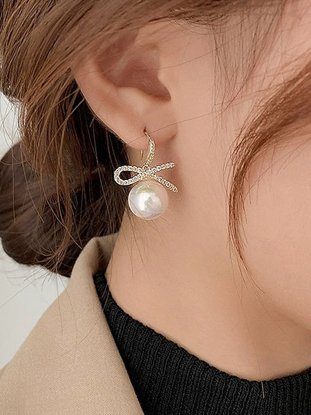 and Rhinestone with Pearl Earrings Christmas Women's Bow FashionChic