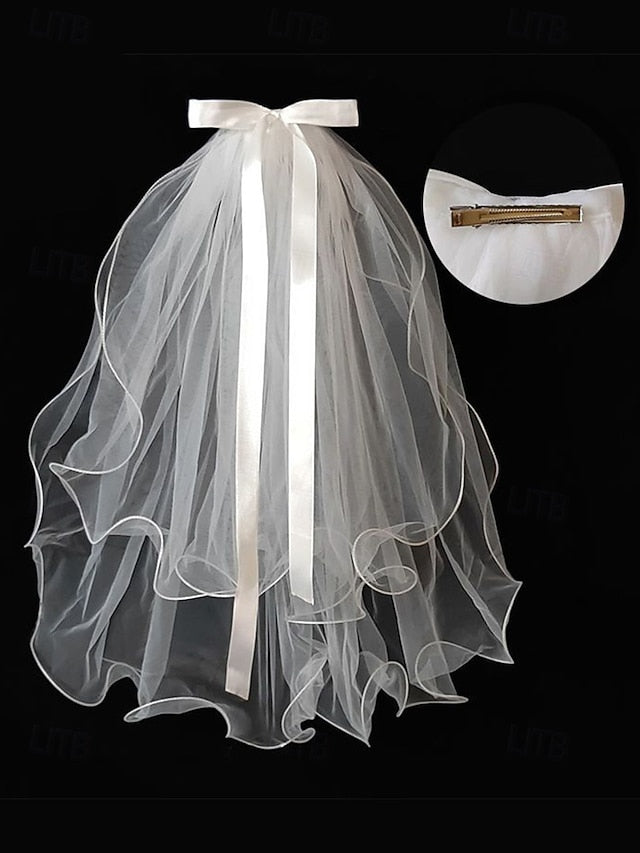 and Soft - Bridal Satin Tulle Ivory Ribbon with Veil Elegant FashionChic