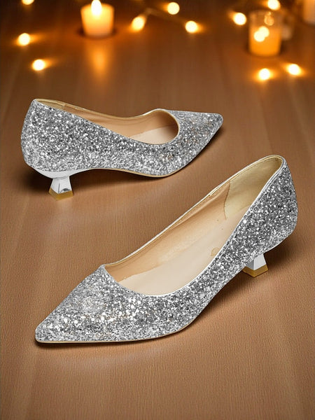 Pumps Glitter Low Toe Pointed Heel Women's Sparkly - FashionChic