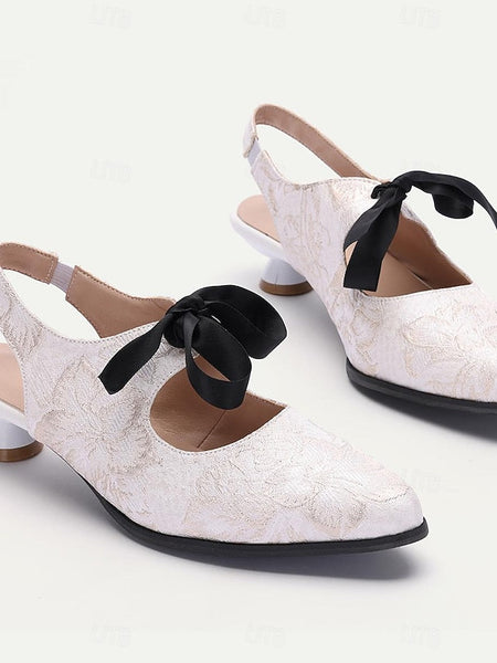 Heels Lace Bow Vintage Slingback Women's Elegant - with FashionChic
