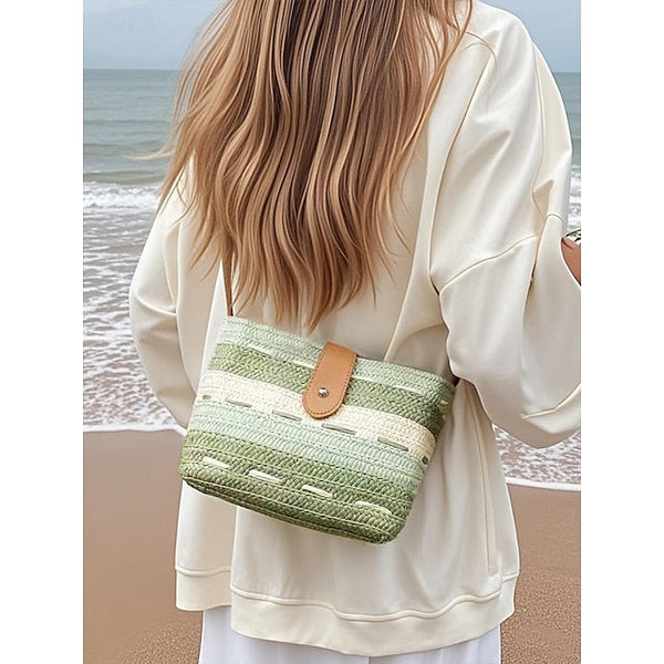 Woven with Women's Colorblock Straw Striped Brown Tote Bag FashionChic