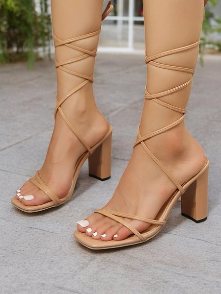 Lace-Up with Women's Strappy Heel White Block Heels Clear FashionChic