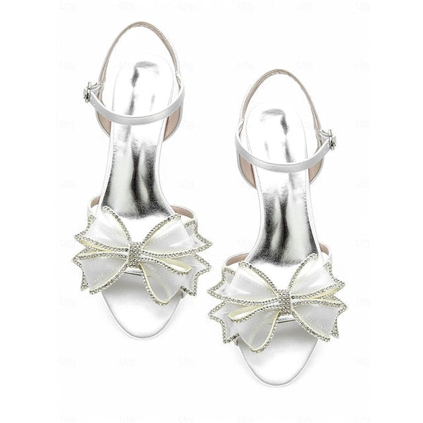 Bridal Rhinestone Sandals Bow – Kitten with Heel Detail Luxury FashionChic