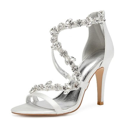Pink Rhinestone Women's Heel Satin Floral High Sandals with FashionChic