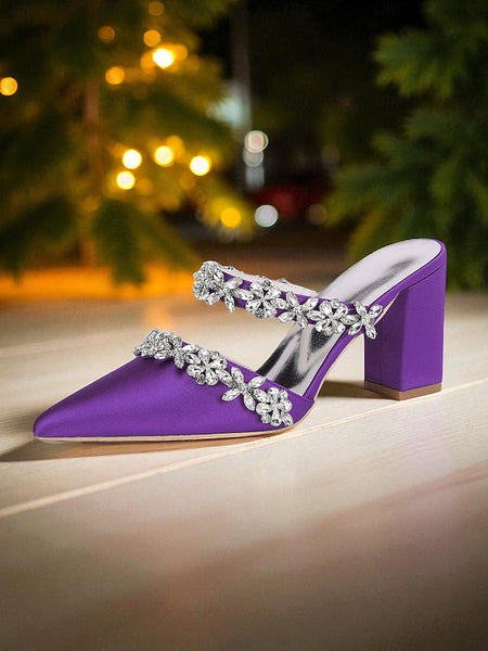 Floral Women's with Satin Block Heel Rhinestone Mules Black FashionChic