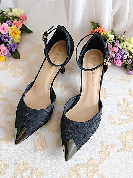 Gold Satin Heels and Beige Women's Pointed Accents with Toe FashionChic