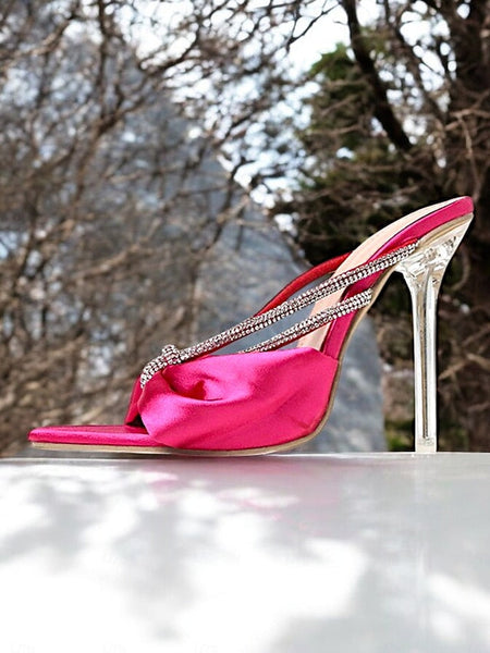 Rhinestone Satin Pink Bow Hot Women's Heeled Sandals – FashionChic
