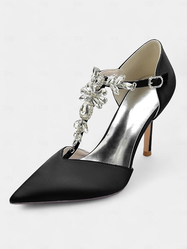 Heels Satin Blue Navy Toe – Pointed Women's T-Strap FashionChic