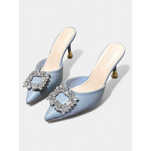 Crystal Pointed Blue with Light Buckle Mules Toe Women's FashionChic