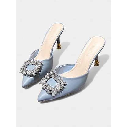 Toe Blue Pointed with Buckle Mules Light Women's Crystal FashionChic