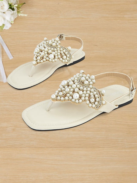 Sandals Pearl-Embellished Women's Elegant – T-Strap Flat FashionChic