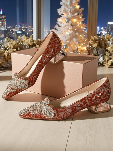 Rhinestone Embellished Pointed-Toe Red Flats Women's FashionChic