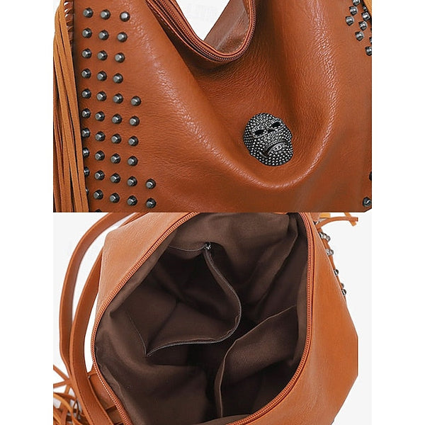 - Brown Leather Boho Studded Bag Women's Hobo Skull Fringe FashionChic
