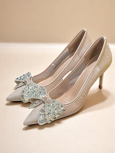 Bow High Rhinestone Heels with Glitter Women's FashionChic