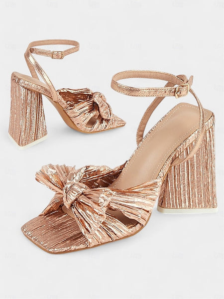 Gold Textured and Knot Heel with Sandals Detail Rose Block FashionChic