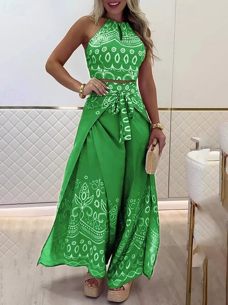 Women's Active Boho Blouse Pants Sets Sleeveless Halter