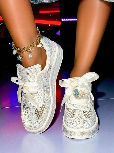 with Satin Laces Rhinestone Women's Sneakers Ribbon White FashionChic
