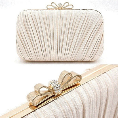 Clutch Bag White Women's Pleated Elegant Rhinestone Bow – FashionChic