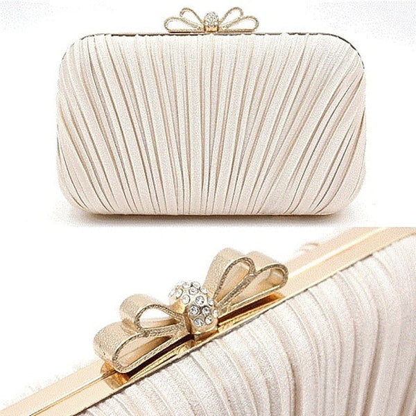 Clutch Bag White Women's Pleated Elegant Rhinestone Bow – FashionChic