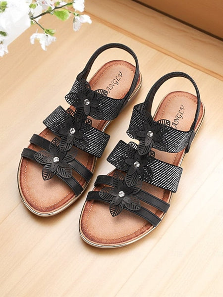 Sandals Women's Rhinestone Floral – Flat Elegant Beige FashionChic