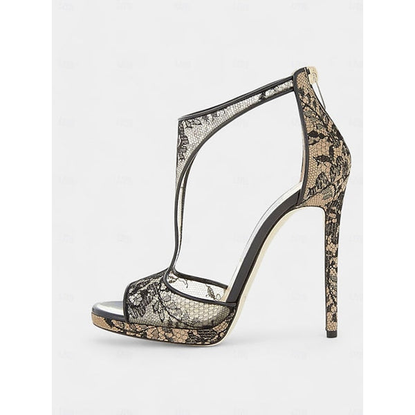 Black Heels Lace for Mesh with Peep-Toe Design Stiletto FashionChic