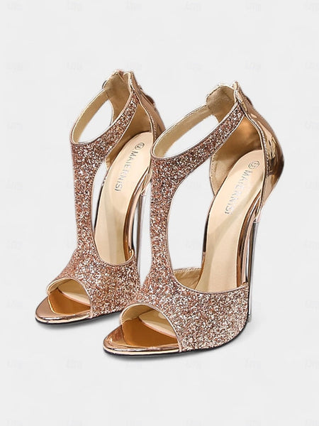 Glitter Stiletto Gold for with Toe Heels T-Strap and Design Open FashionChic