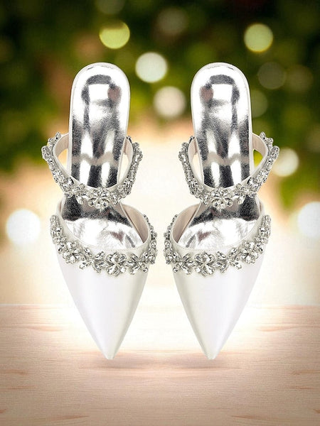 with Heel Mules Satin Floral Block Women's Black Rhinestone FashionChic