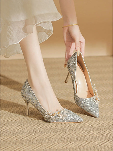 with Women's Glitter Floral Heels Silver Stiletto FashionChic