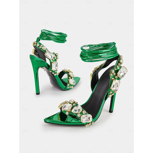 Heels Women's Stiletto with Green Metallic Lace-Up FashionChic