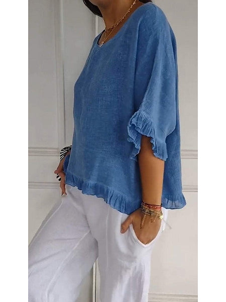 Women's Cotton Linen Blouse Solid Color Stylish Casual Half FashionChic