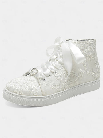 with Ivory Sneakers Satin Wedding Women's Laces Lace Ribbon FashionChic