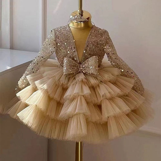 Long Party Girls' Dress Performance Sequin Sleeve Kids FashionChic