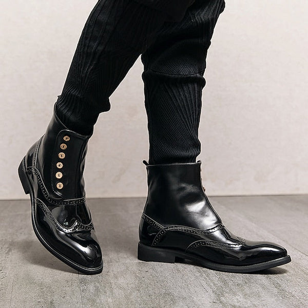 - Leather Button Boots Green Stylish Wingtip Vintage Men's FashionChic