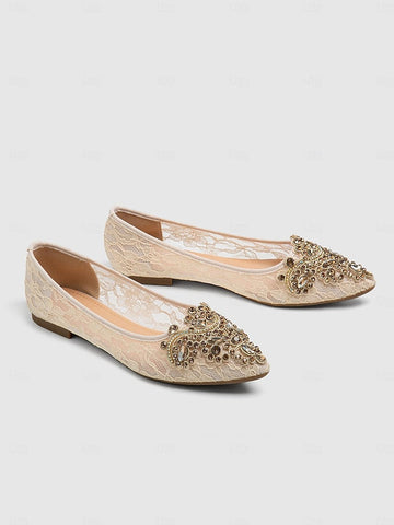 Ballet Flats Lace with Ornate Beige Women's Elegant FashionChic
