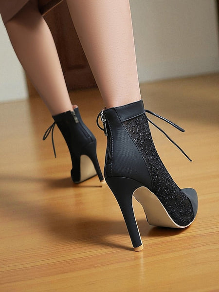 Women's Mesh Booties Ankle Lace Stiletto White Heels with FashionChic