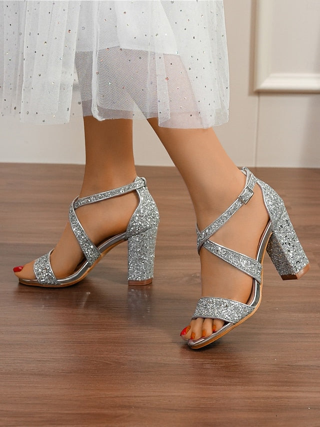 Women's Block Sandals Gold Heel Glitter FashionChic