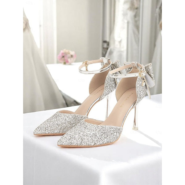 Glitter Bow Sparkly Heels - Pointed Women's Toe Silver FashionChic