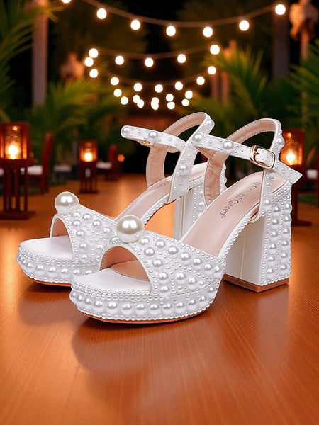 White Embellished Block Women's Platform Pearl Heel Sandals FashionChic