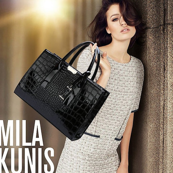 Women's Black Patent Crocodile Leather Pattern Handbag with FashionChic