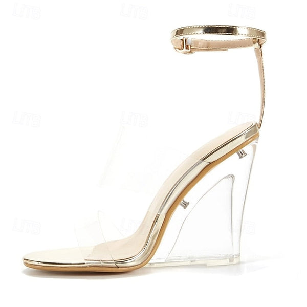 Straps Women's Wedge Transparent Heels Gold with Clear and FashionChic