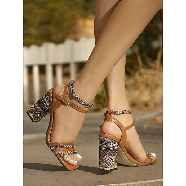 Patterned Strap Boho-Chic Textured with Block Women's Heels FashionChic