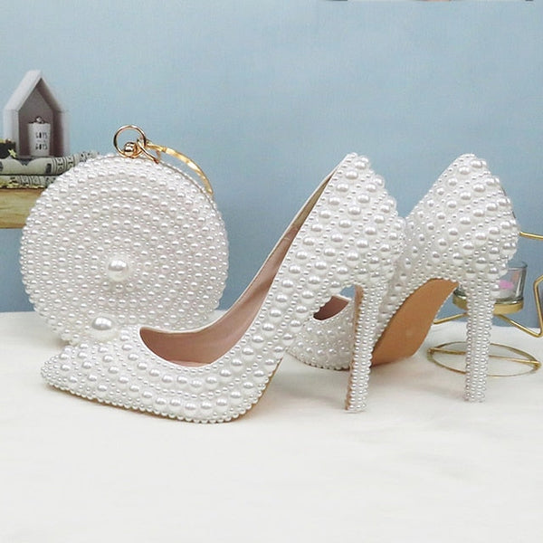 Pearl-Embellished Set Pearl White Stiletto Purse Round and Heels FashionChic