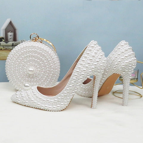 Pearl-Embellished Set Pearl White Stiletto Purse Round and Heels FashionChic