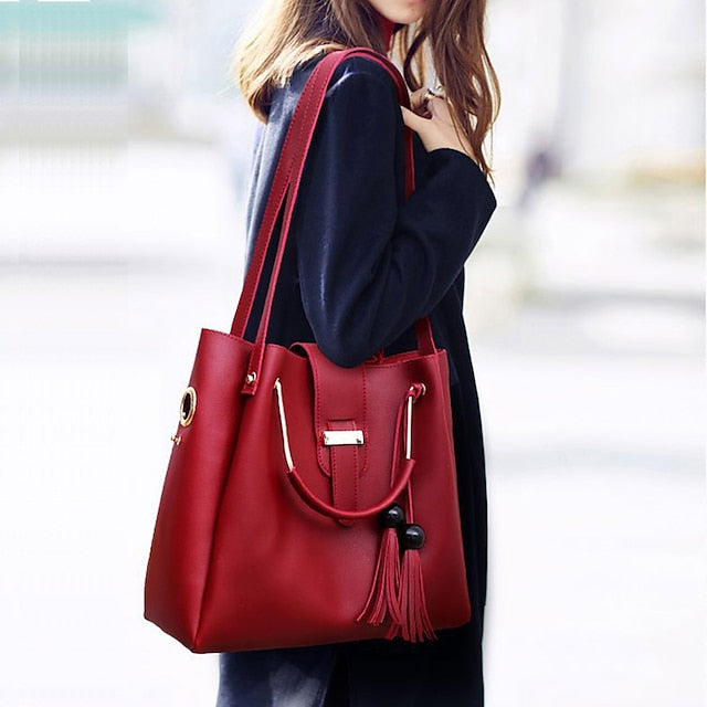 Tote Pink Leather - Handbag Faux Women's Set 3-Piece FashionChic