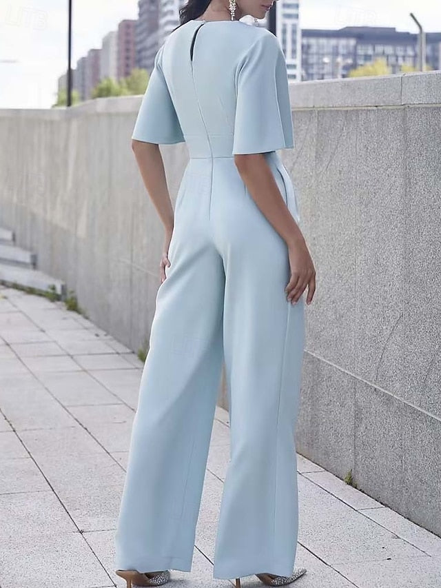 Elegant Simple Neck Bride Mother V of Minimalist Jumpsuit the FashionChic