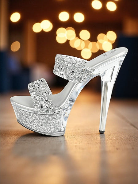 High Heel Glitter Platform Rhinestone Mules Women's Peep - FashionChic