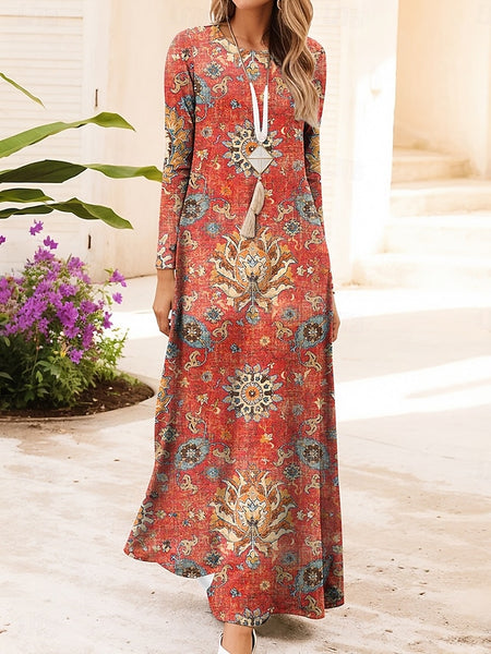 Women's Maxi Dress Vintage Bohemian A Line Dress Crew Neck