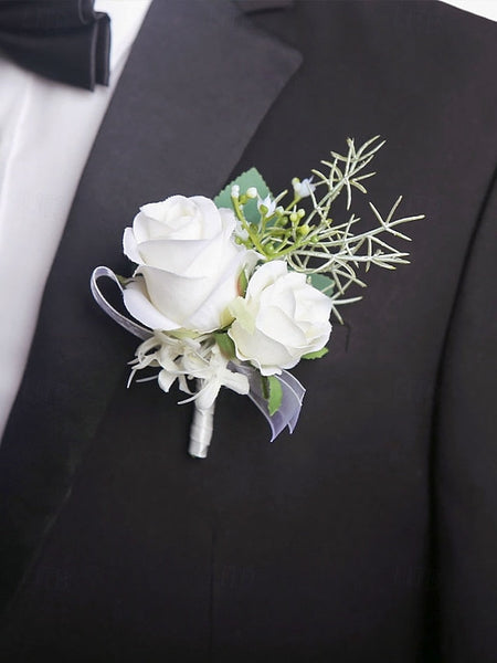 White Boutonniere and Set Corsage Rose – Wrist Elegant FashionChic
