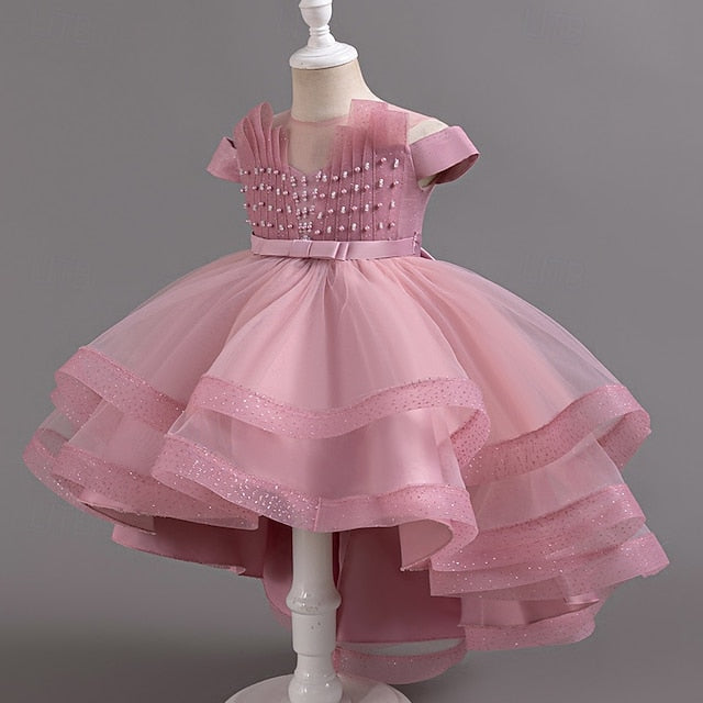 Girls' Dress Party Kids Color Wedding Sleeve Short Solid FashionChic